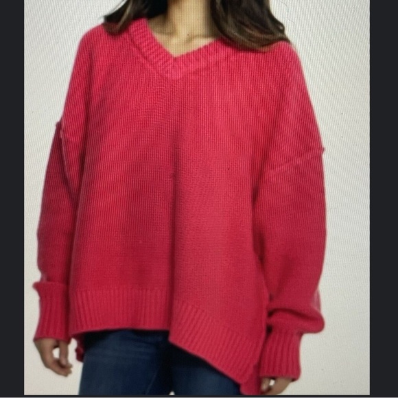 NWT FREE PEOPLE alli V neck chunky oversized sweater strawberry spritz size L - Picture 2 of 11